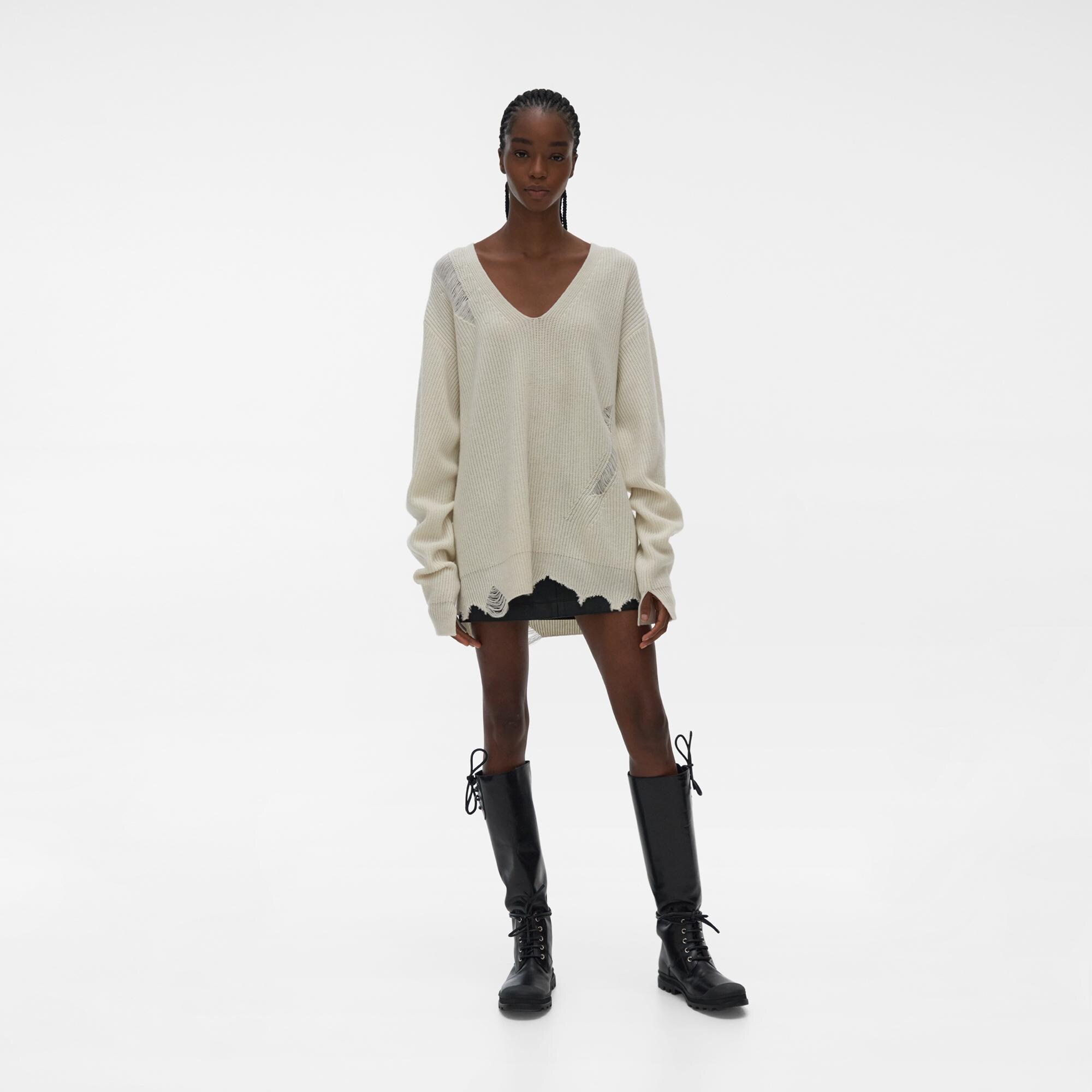 Distressed V-Neck Sweater | Helmut Lang