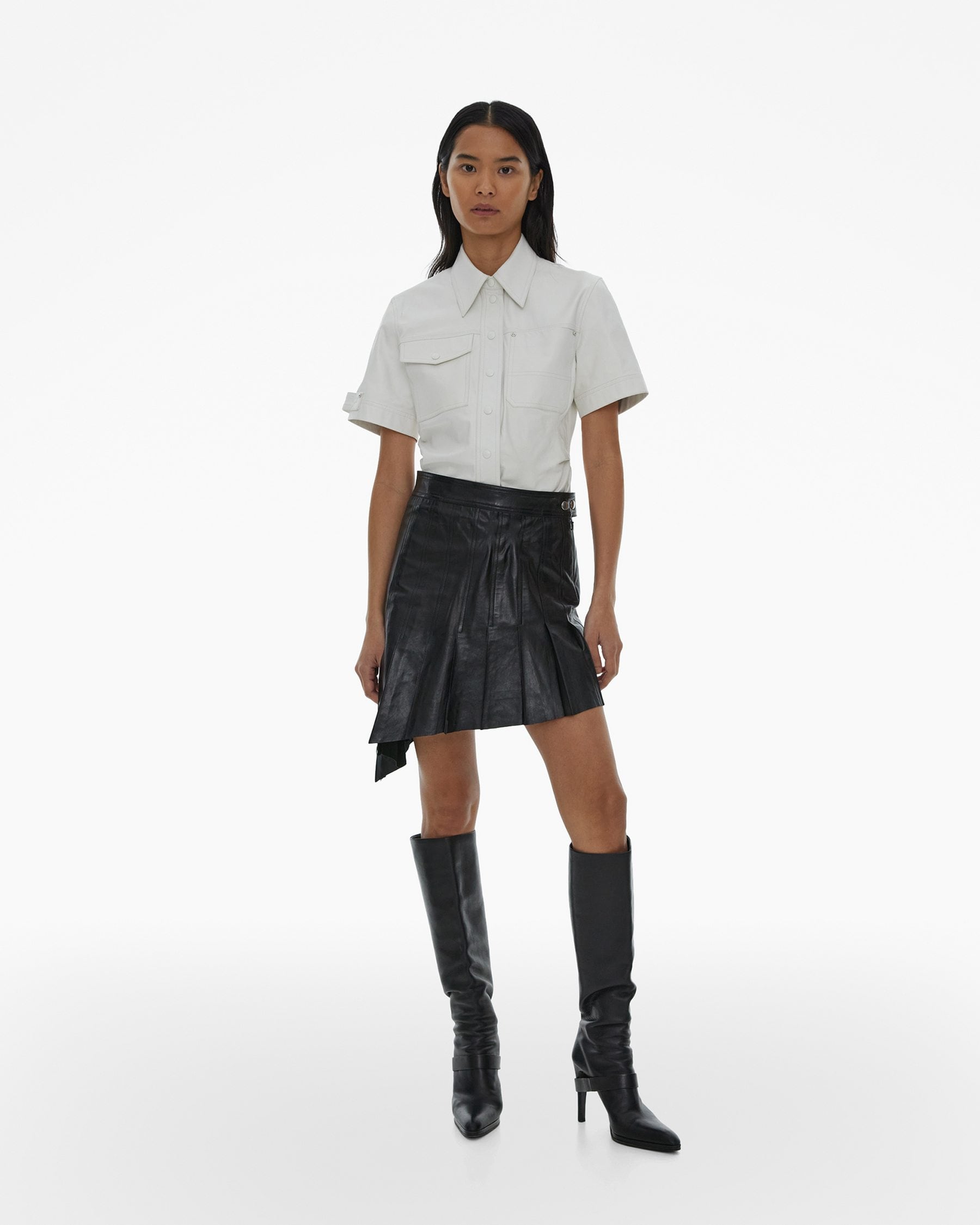 Pleated Asymmetrical Leather Skirt