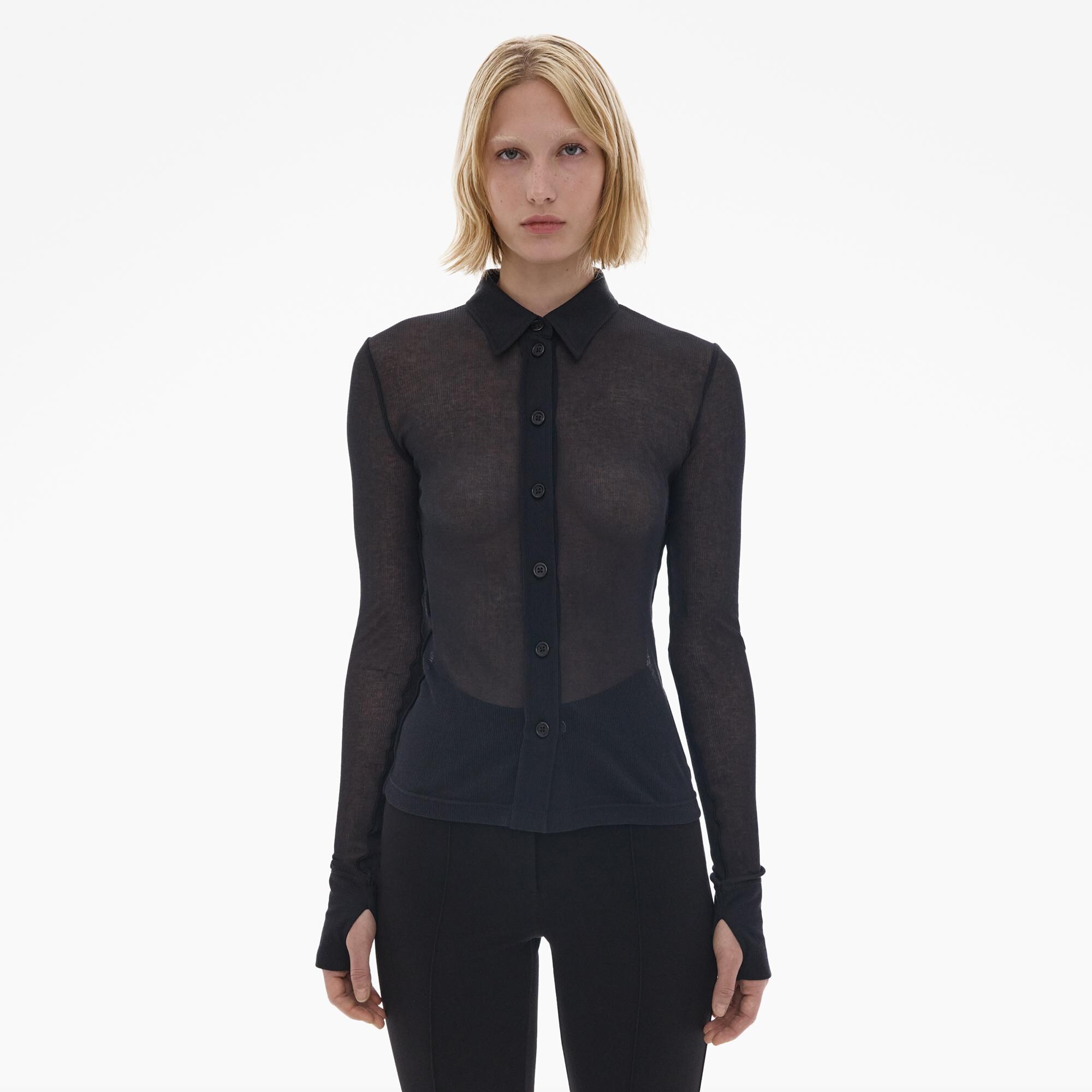 Helmut buy Lang Long Sleeve Knit Black Semi-Sheer Top Size Large L Boat Neck