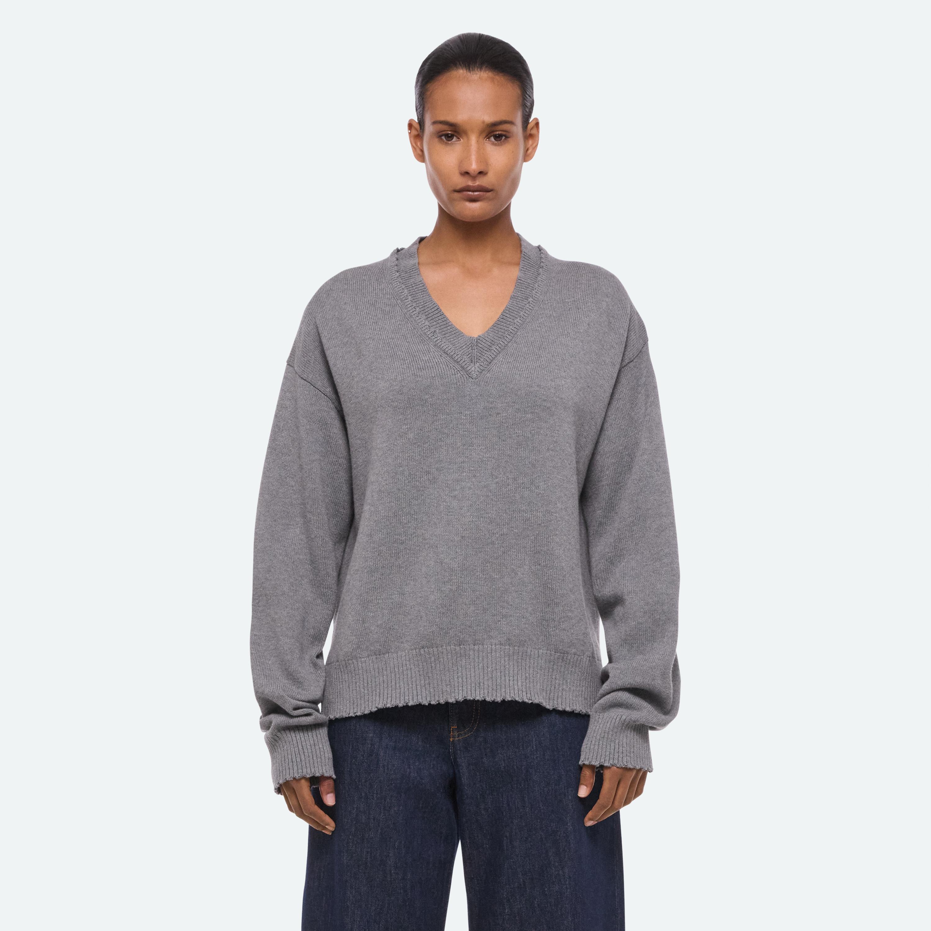Distressed V-Neck Sweater in Cotton | Women's Sweater | HELMUT LANG